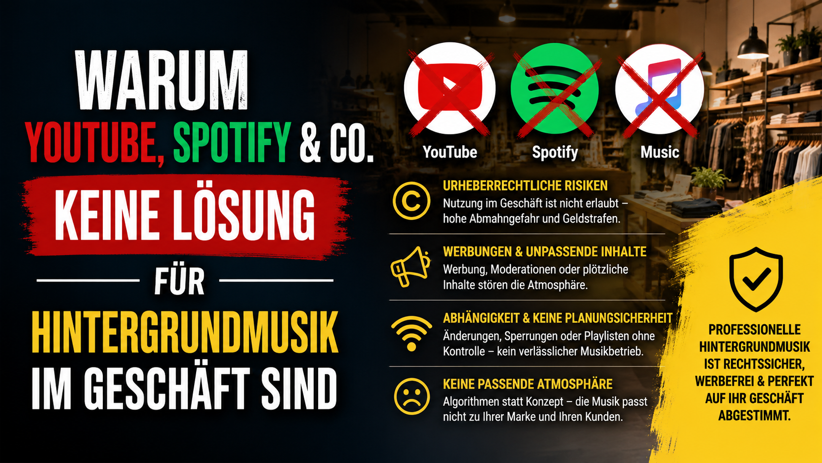 Spotify und YouTube sind nicht für Unternehmen gedacht. Erfahren Sie, wie PureLicence rechtssichere Hintergrundmusik ermöglicht.