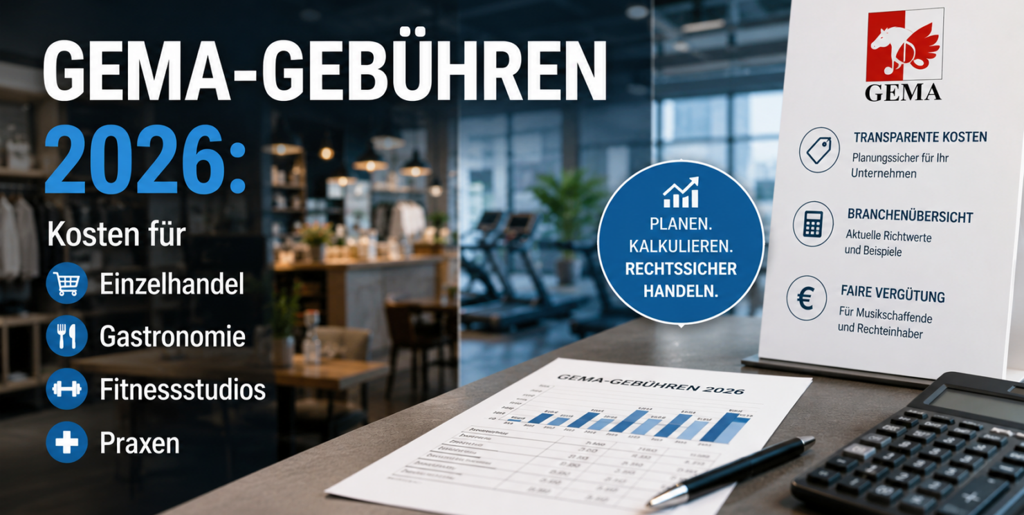 GEMA-Gebühren 2026: Kosten für Einzelhandel, Gastronomie, Fitnessstudios und Praxen Aktuelle Tarife, Rechenbeispiele und Einsparmöglichkeiten