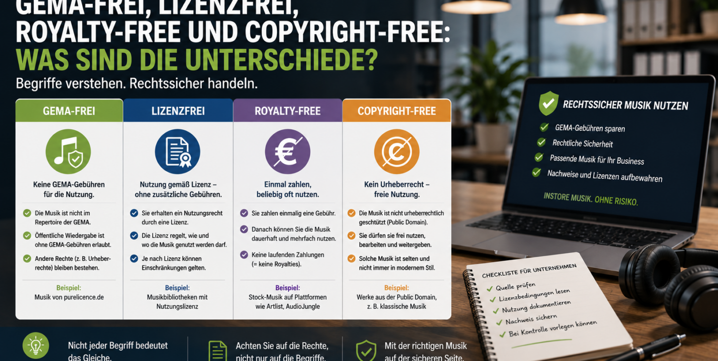 GEMA-frei, lizenzfrei, royalty-free und copyright-free: Was sind die Unterschiede? Musikbegriffe rechtssicher einordnen – mit Vergleichstabelle, Praxisbeispielen und Unternehmens-Checkliste 2026