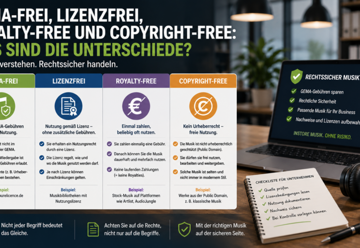 GEMA-frei, lizenzfrei, royalty-free und copyright-free: Was sind die Unterschiede? Musikbegriffe rechtssicher einordnen – mit Vergleichstabelle, Praxisbeispielen und Unternehmens-Checkliste 2026