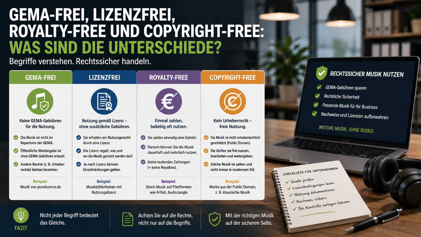 GEMA-frei, lizenzfrei, royalty-free und copyright-free: Was sind die Unterschiede? Musikbegriffe rechtssicher einordnen – mit Vergleichstabelle, Praxisbeispielen und Unternehmens-Checkliste 2026