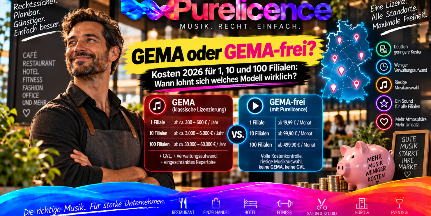 GEMA oder GEMA-freie Musik? Kostenvergleich für 1, 10 und 100 Filialen Rechenmodelle, Break-even und Entscheidungshilfe für Filialunternehmen 2026