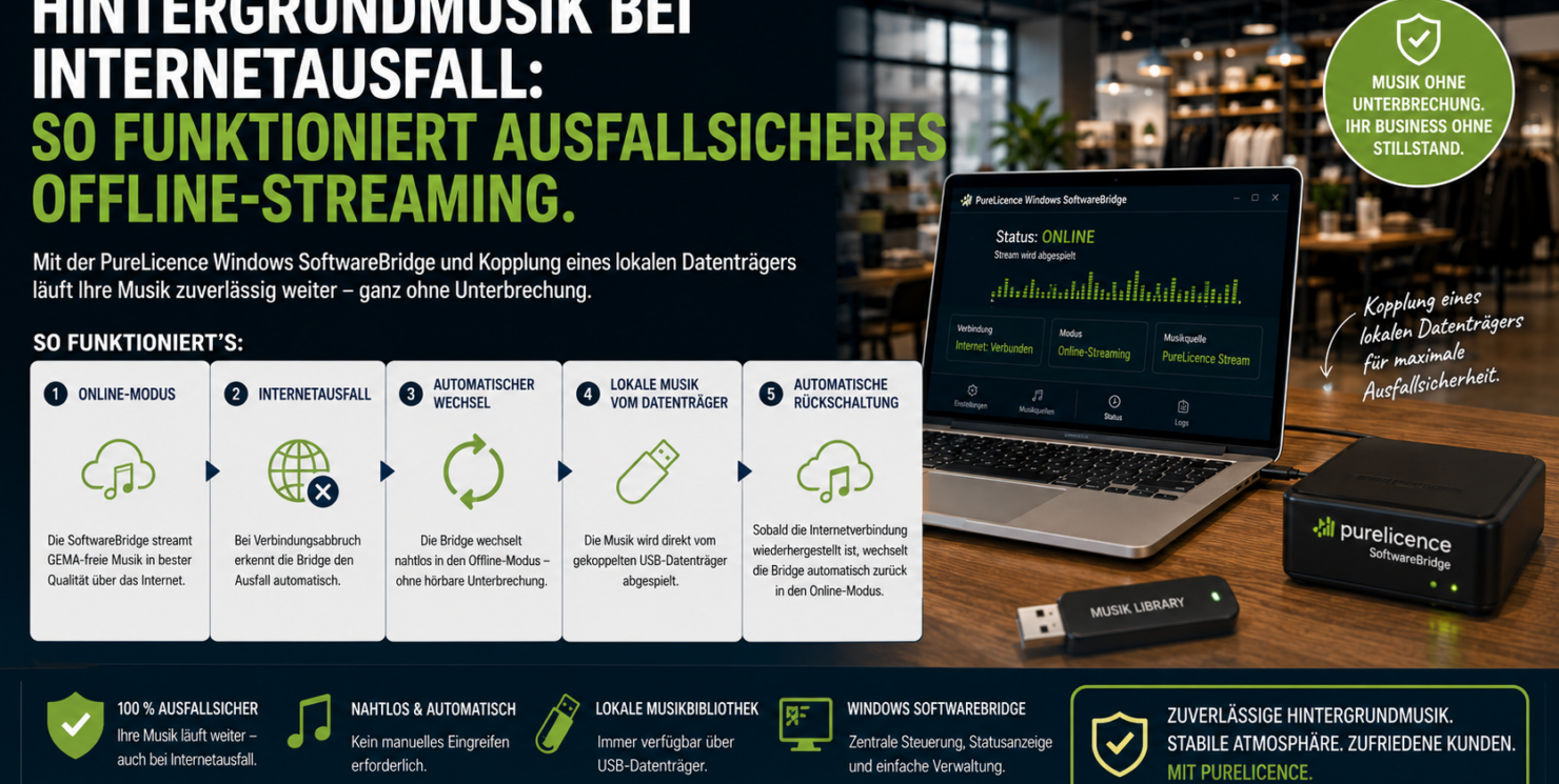 Hintergrundmusik bei Internetausfall: So funktioniert ausfallsicheres Offline-Streaming Warum die PureStation Windows SoftwareBridge mit lokalem Datenträger die bessere Alternative ist