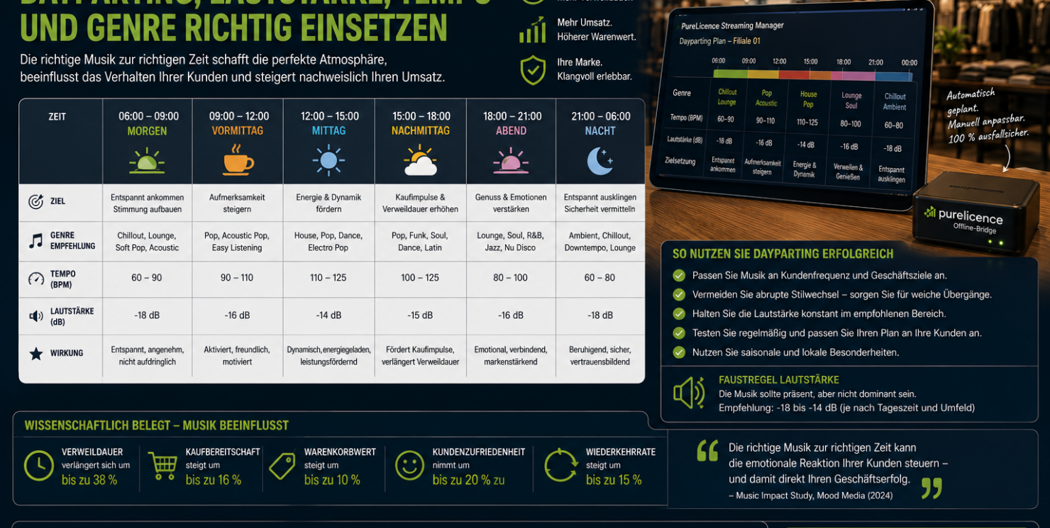 Musik nach Tageszeit planen: Dayparting, Lautstärke, Tempo und Genre richtig einsetzen Praxisleitfaden 2026 für Einzelhandel, Gastronomie, Fitnessstudios, Praxen, Wellness, Hotels und Filialbetriebe