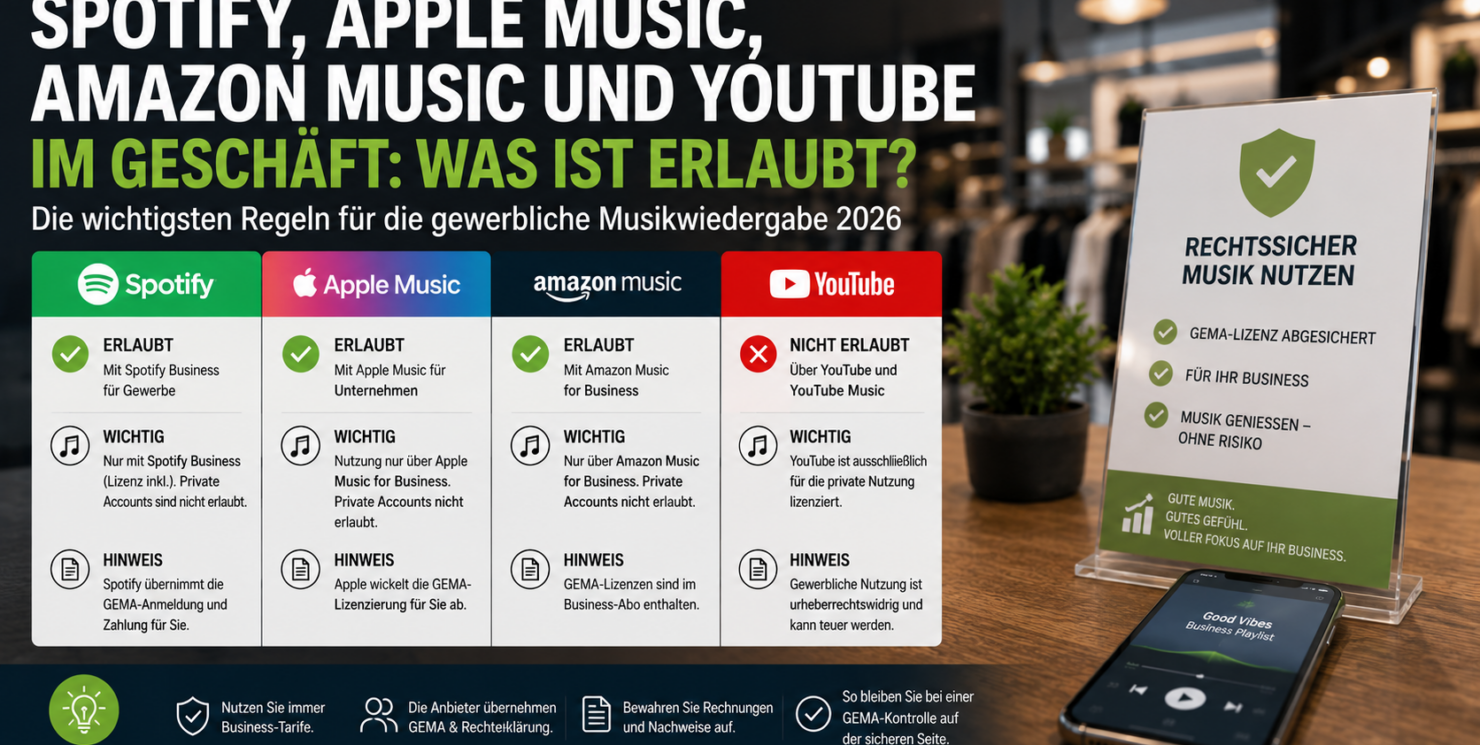 Spotify, Apple Music, Amazon Music und YouTube im Geschäft: Was ist erlaubt? Verbraucherabo, GEMA-Lizenz und gewerbliche Musiknutzung rechtssicher unterscheiden – Stand 2026