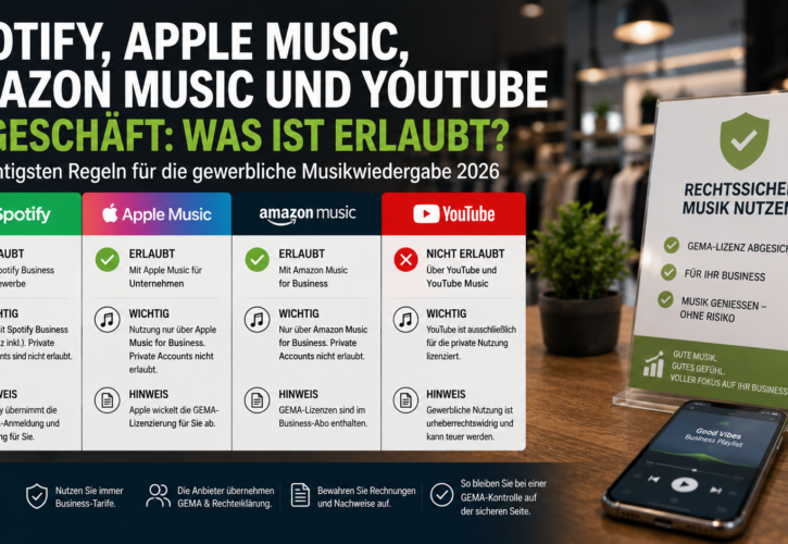 Spotify, Apple Music, Amazon Music und YouTube im Geschäft: Was ist erlaubt? Verbraucherabo, GEMA-Lizenz und gewerbliche Musiknutzung rechtssicher unterscheiden – Stand 2026