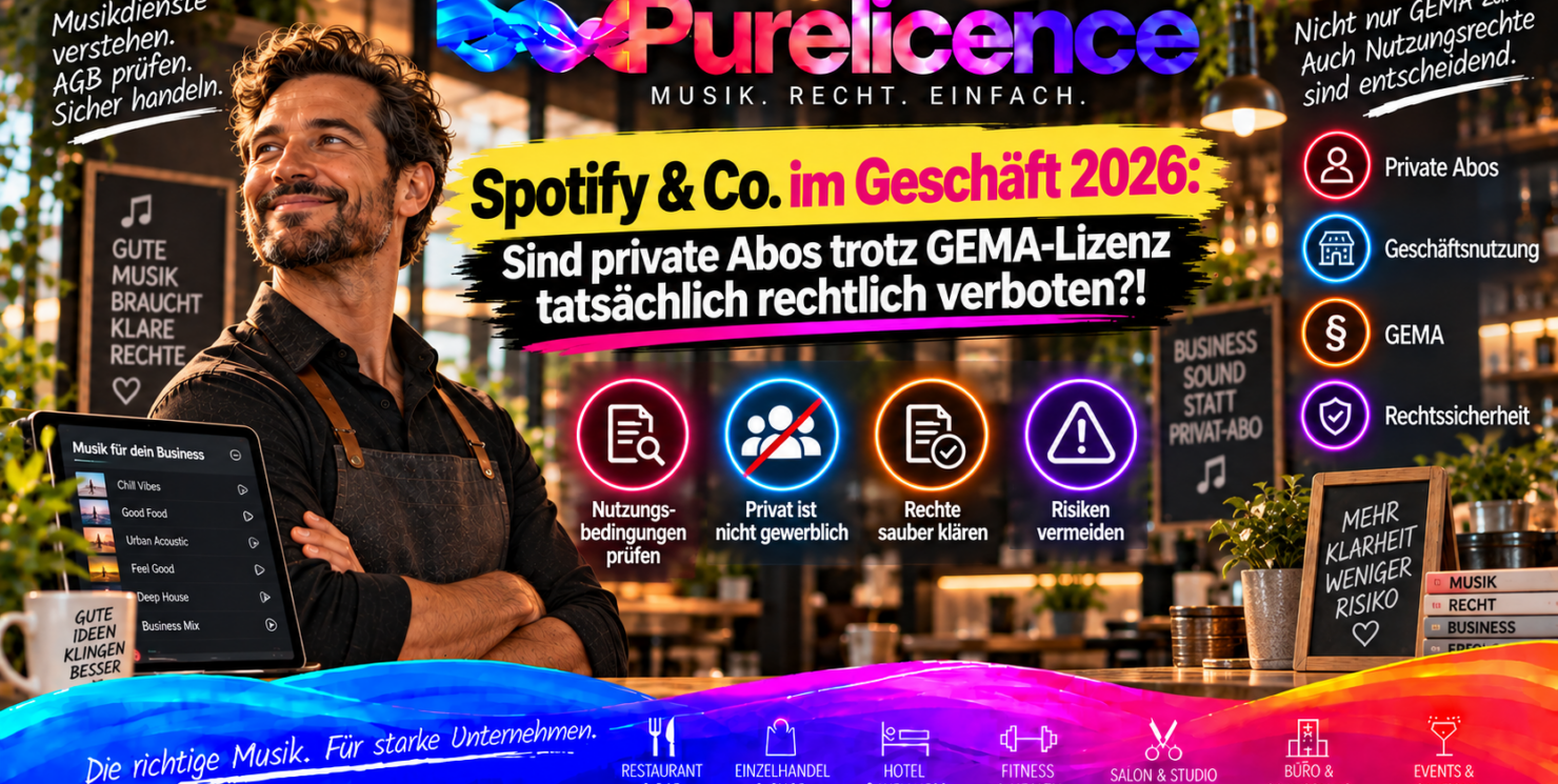 Spotify, Apple Music, Amazon Music und YouTube im Geschäft: Was ist erlaubt? Verbraucherabo, GEMA-Lizenz und gewerbliche Musiknutzung rechtssicher unterscheiden – Stand 2026
