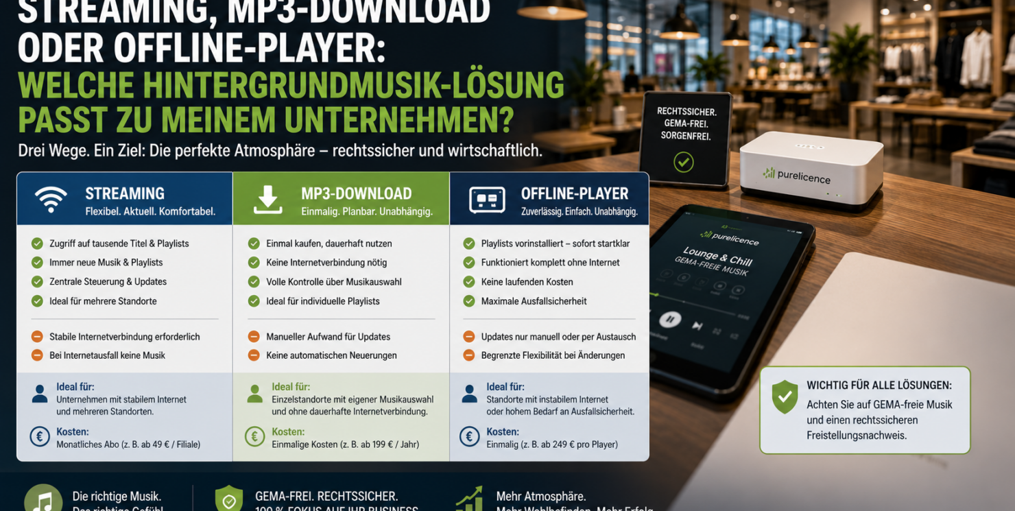Streaming, MP3-Download oder Offline-Player: Welche Hintergrundmusik-Lösung passt zu meinem Unternehmen? Rechte, Technik, Ausfallsicherheit, Verwaltung und Kosten im Vergleich – Stand 2026
