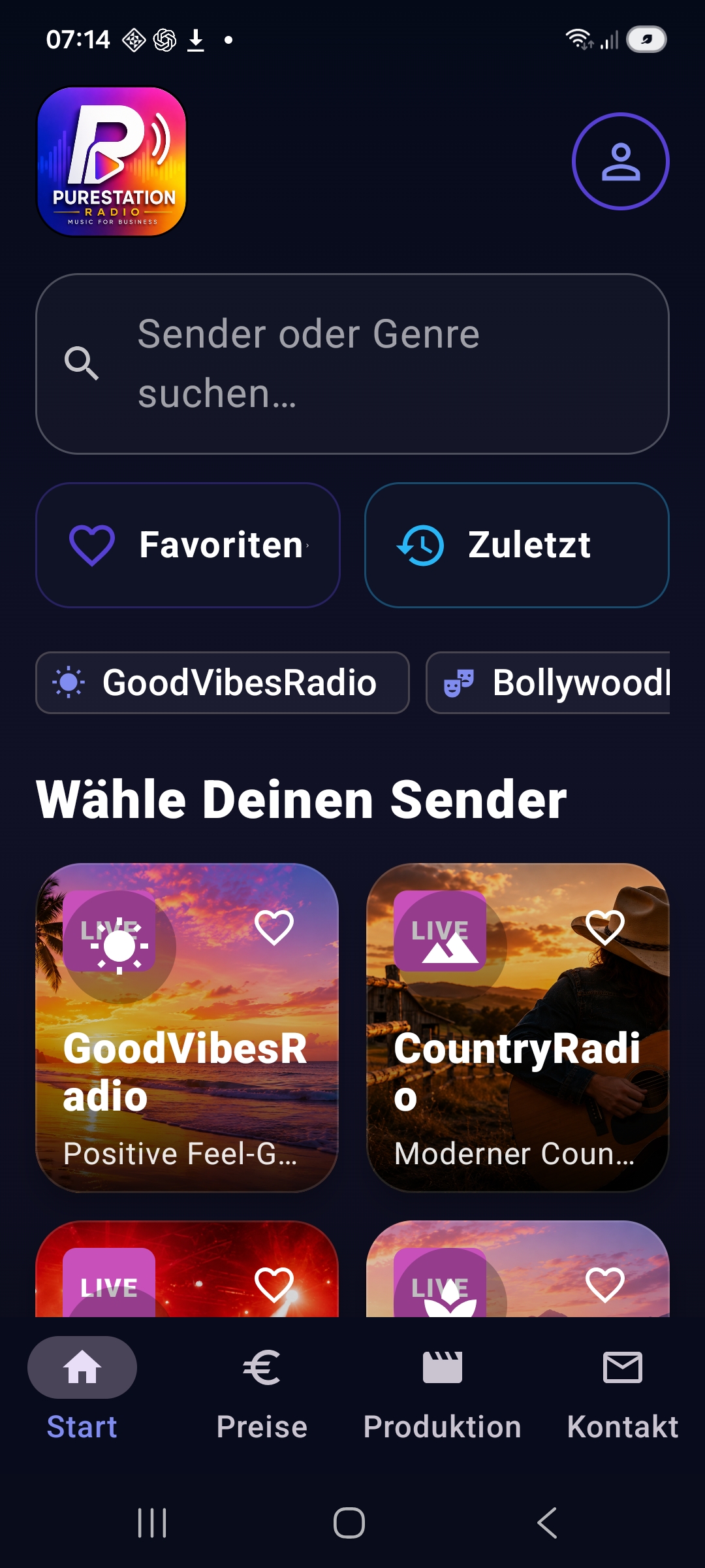 PureStationRadio Startseite mit Senderauswahl