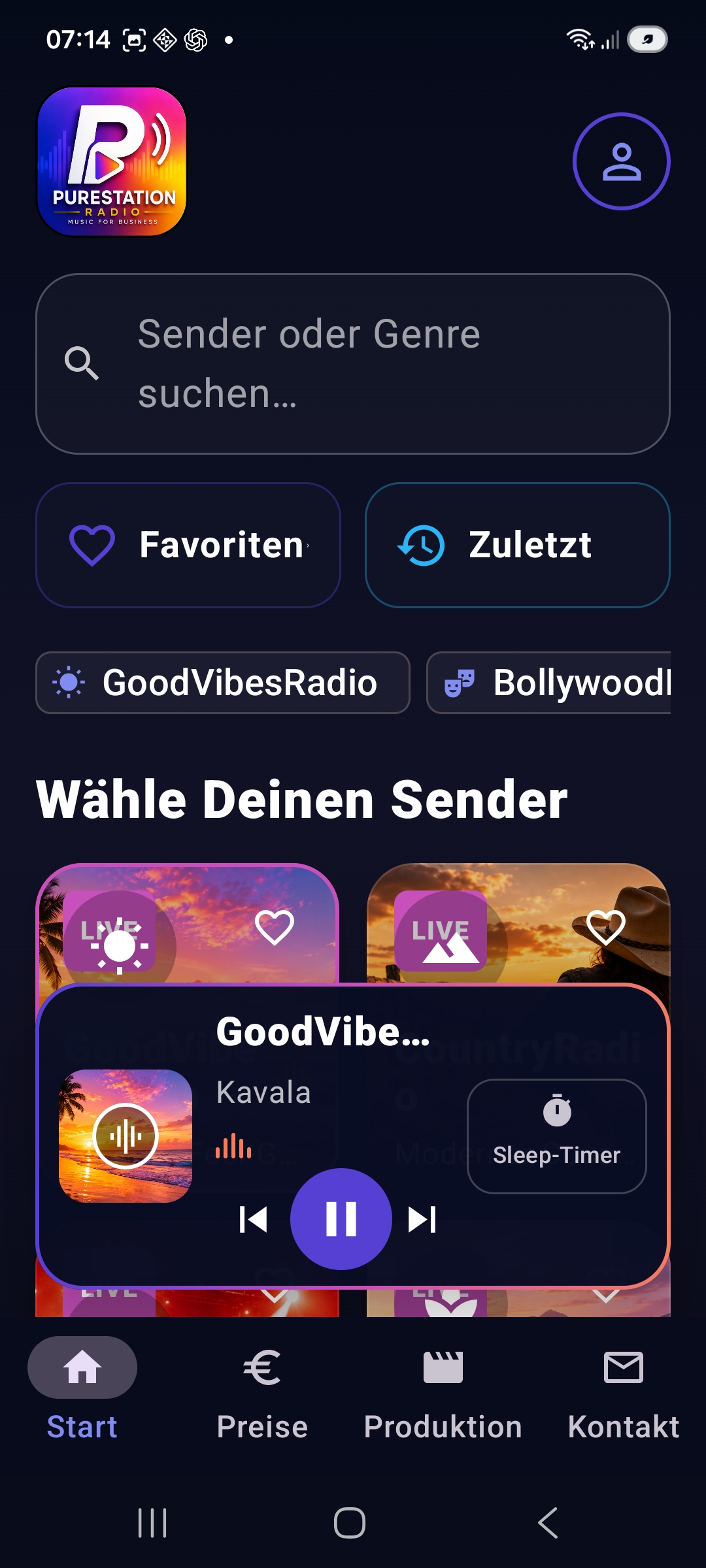 PureStationRadio Player mit Sleep-Timer