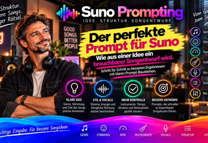 Suno Prompt richtig schreiben: 7 Bausteine für bessere KI-Songs, klare Ergebnisse und weniger Zufall