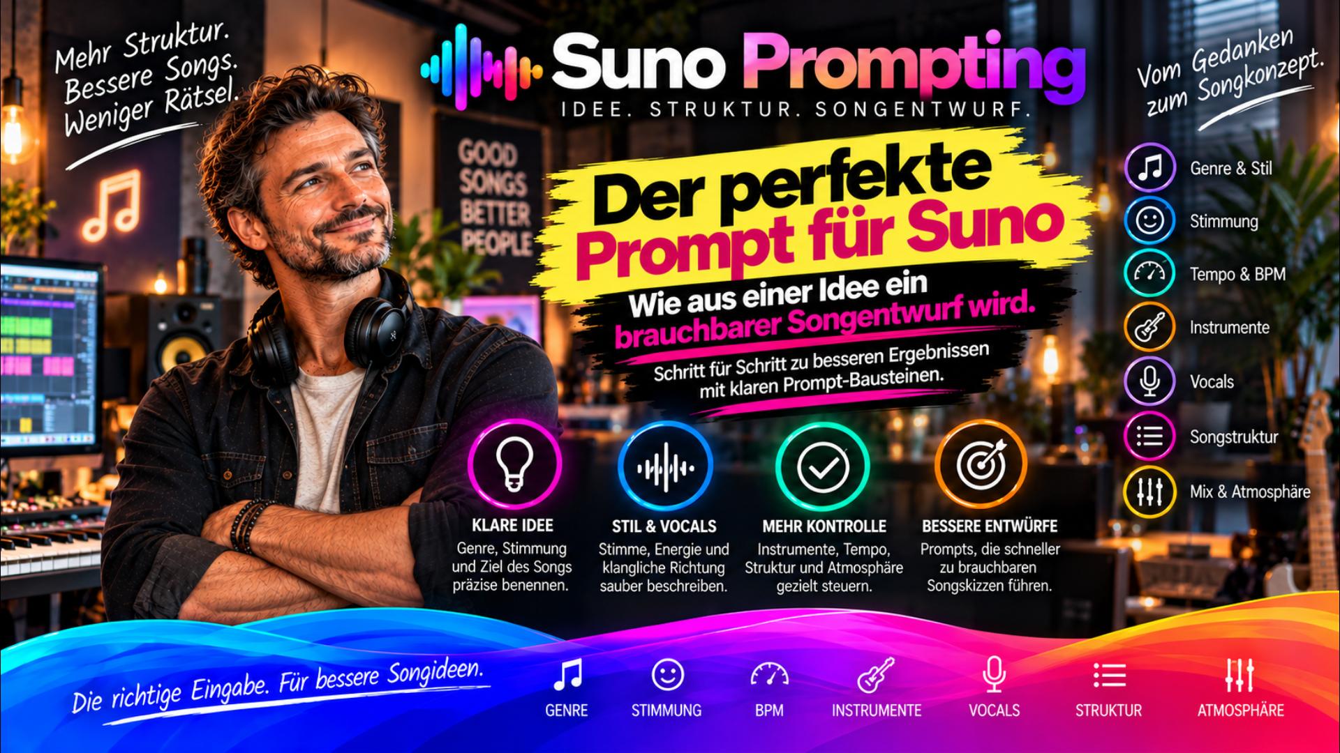 Warum klingt ein Suno-Song trotz guter Idee oft beliebig? Welche Angaben braucht die KI wirklich? Und wie wird aus einem kurzen Wunsch ein brauchbares Produktionsbriefing?